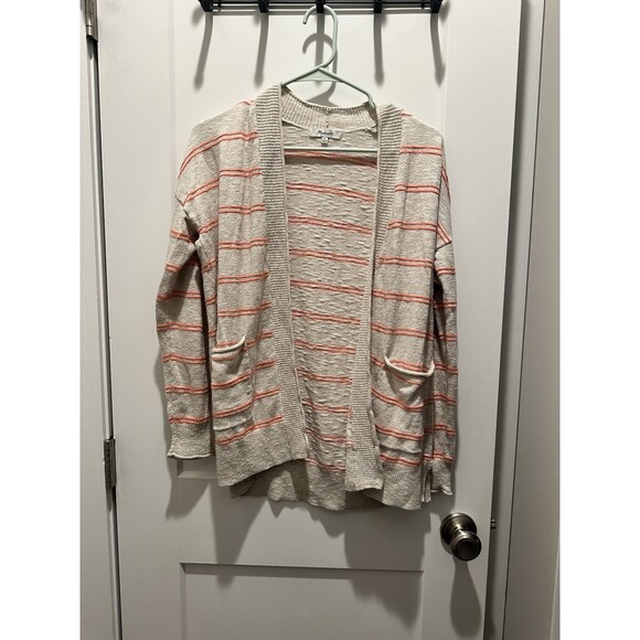 Madewell Bradley Cardigan Sweater in Textured Stripe Size XS oatmeal/coral - Picture 3 of 6